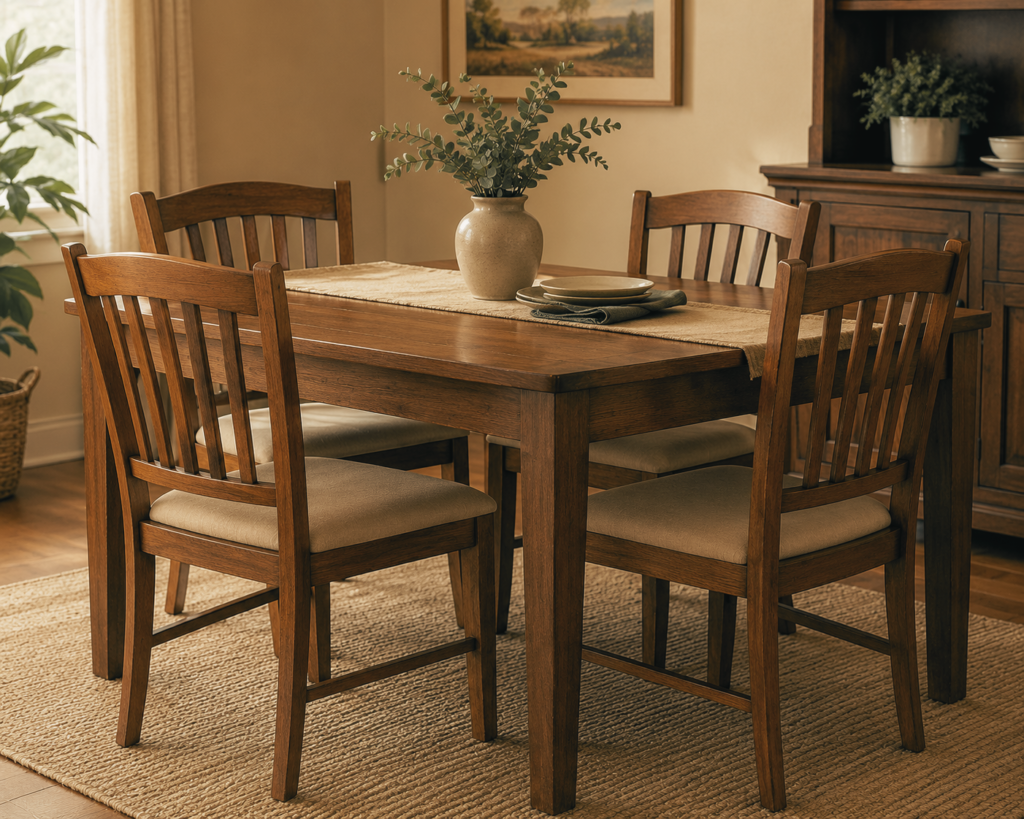 Well-maintained wooden dining chairs with stable legs in a home dining room