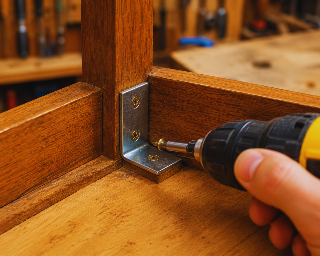 Installing metal L-bracket to reinforce a wobbly chair leg join
