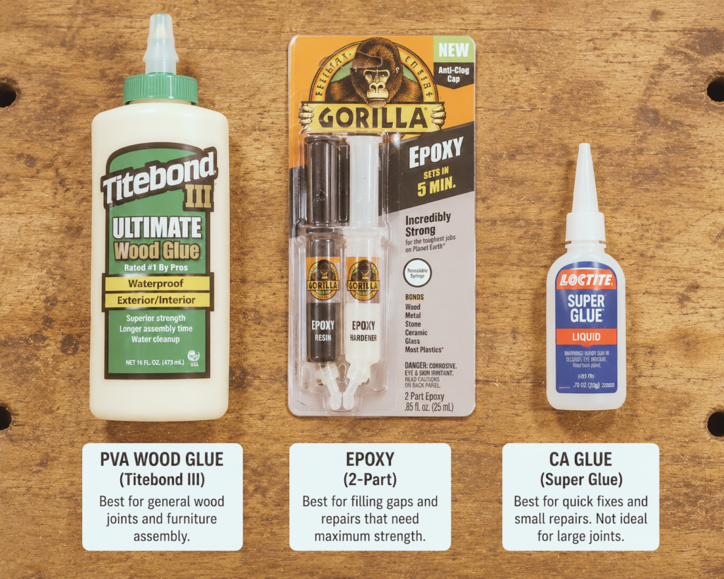 Comparison of wood glues for chair repair — Titebond PVA, epoxy, and CA glue