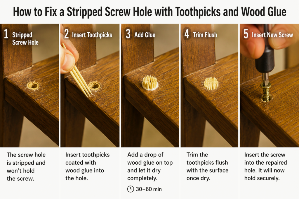 Fixing a stripped screw hole in a wooden chair with toothpicks and wood glue