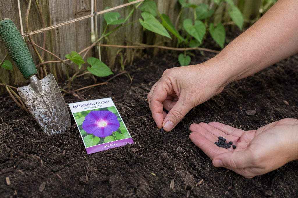 how to plant morning glories - planting seeds in garden soil near fence or trellis