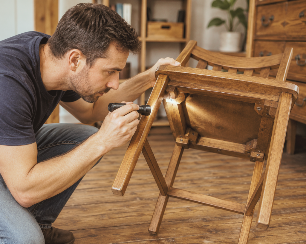 Person inspecting underside of wobbly chair to diagnose the cause of instability