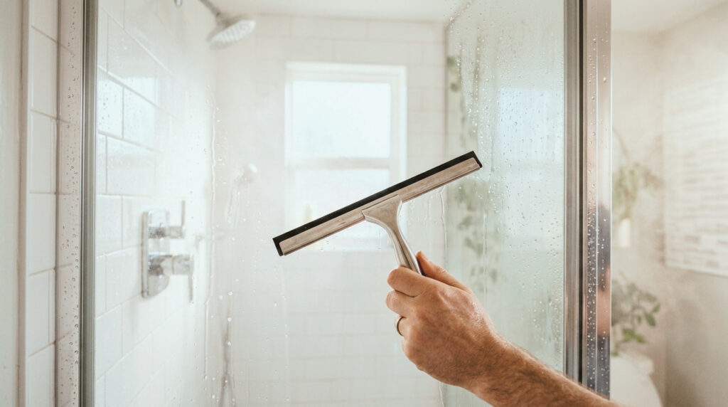 using a squeegee on shower tiles after showering to prevent soap scum buildup