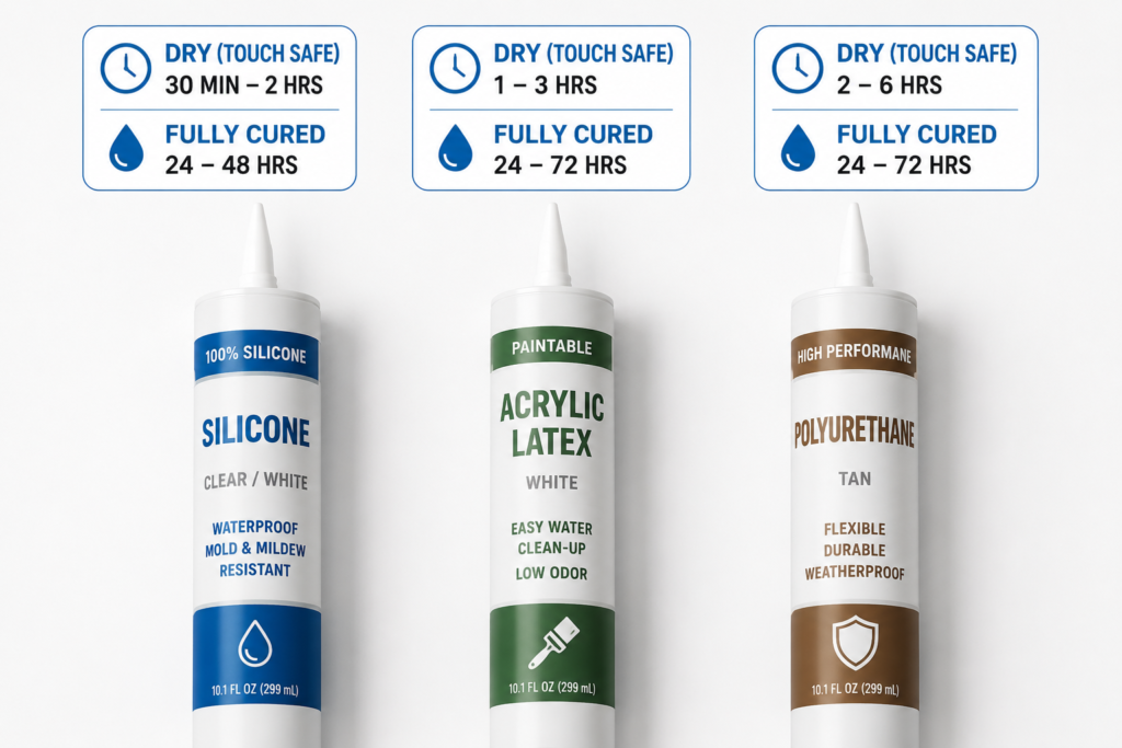silicone vs latex vs polyurethane caulk drying time comparison bathroom