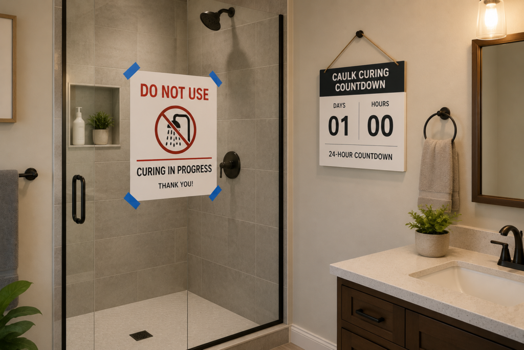 how long to wait after caulking shower before using it bathroom curing sign