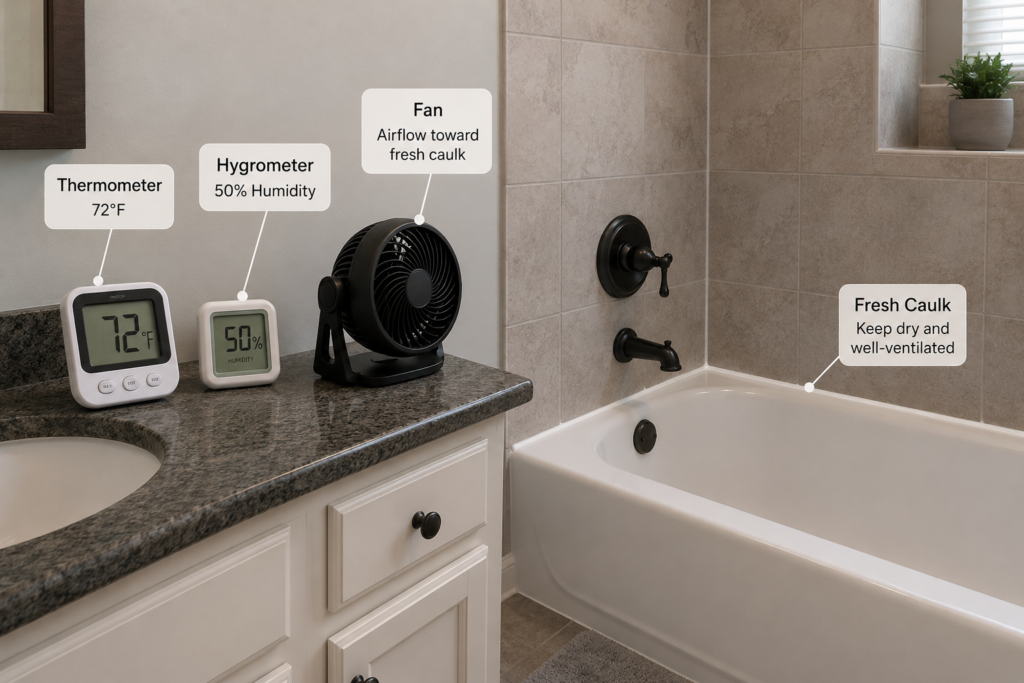 factors affecting bathroom caulk drying time temperature humidity ventilation