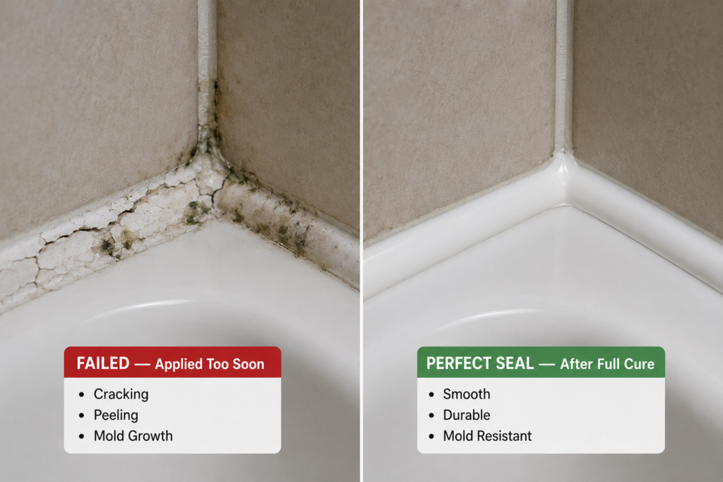 failed bathroom caulk vs properly cured silicone seal comparison