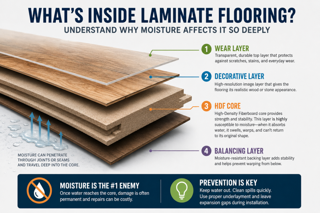 laminate flooring layer structure diagram showing HDF core and wear layer
