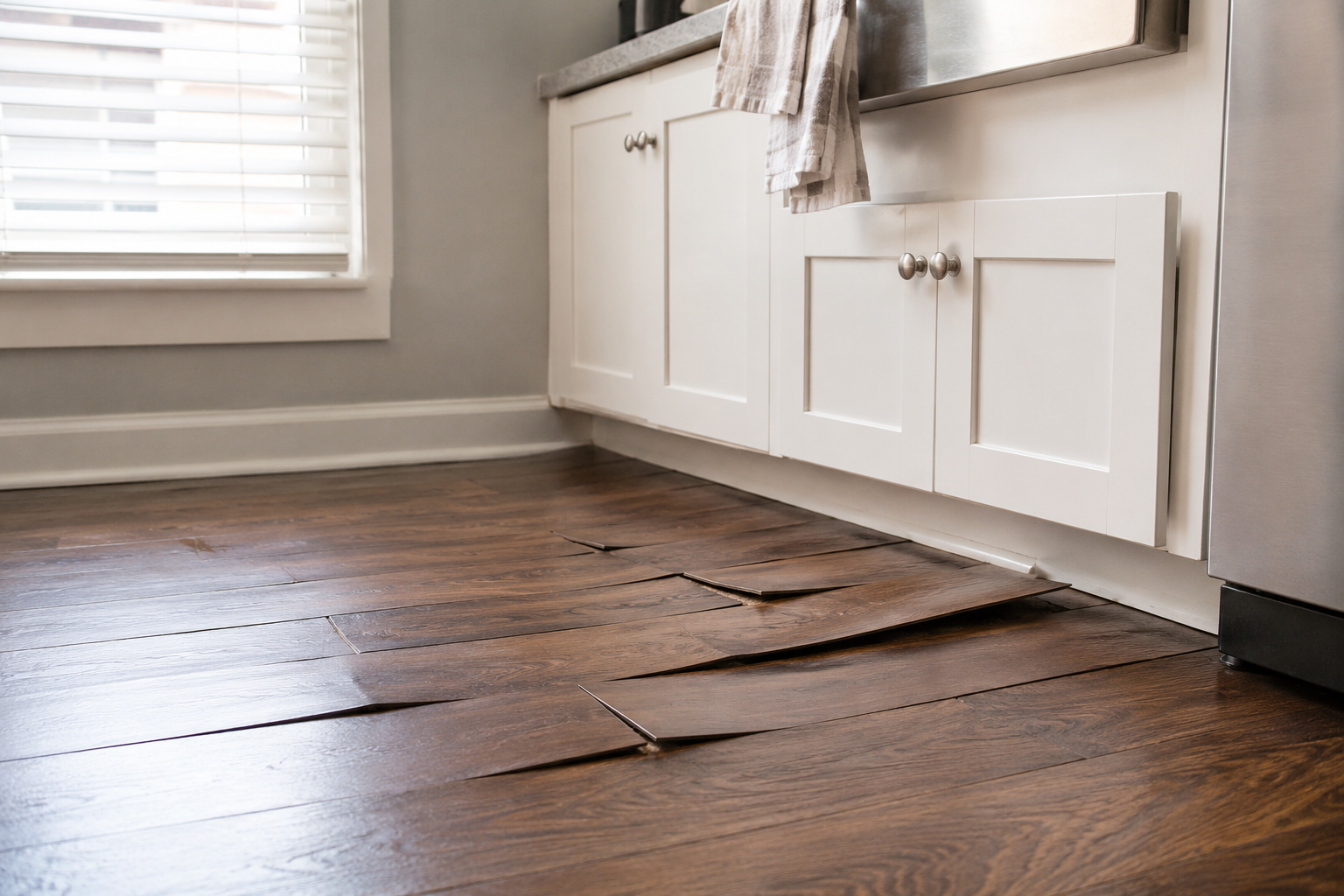 laminate flooring buckling and swelling problem near kitchen sink
