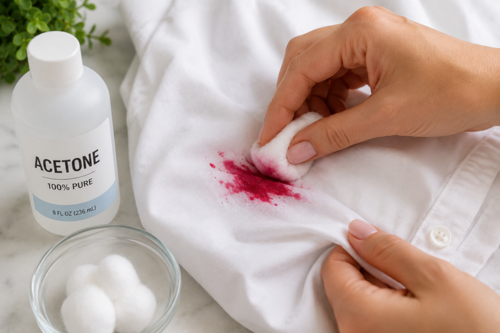 removing fresh gel nail polish stain from clothes with acetone and cotton ball