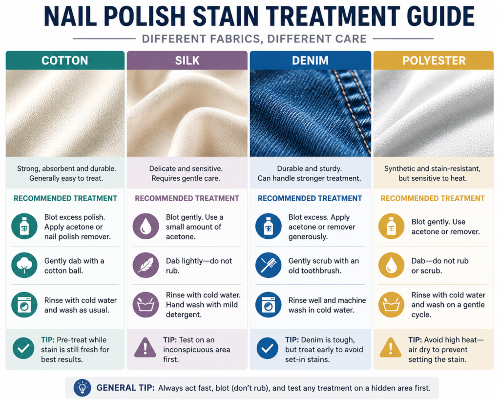 gel nail polish stain removal methods by fabric type - cotton silk denim polyester