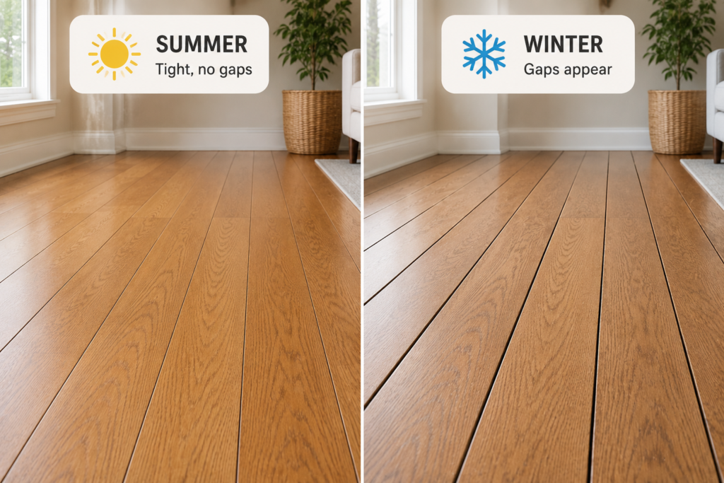 Hardwood floor planks with visible gaps during dry winter months showing seasonal wood movement