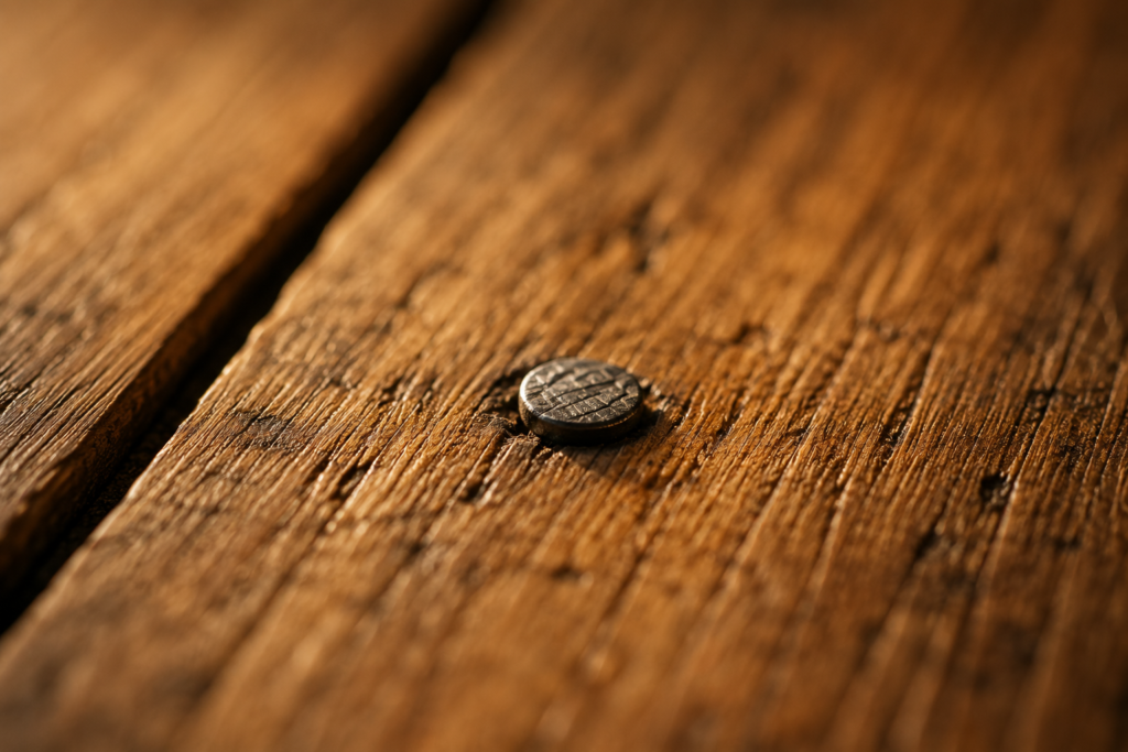 Close-up of a popped nail in a hardwood floor causing a creak