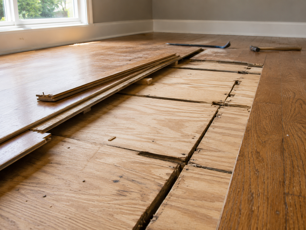 Uneven subfloor beneath hardwood flooring causing squeaks and creaks