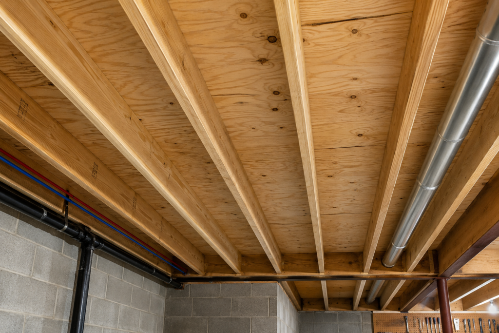 Under-the-floor perspective looking up at floor joists and the plywood subfloor from a basement. Clean workshop lighting highlighting the structural elements.