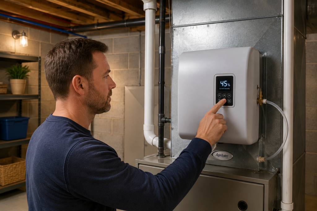 Homeowner adjusting a whole-home humidifier to maintain proper indoor humidity and prevent wood floor creaks