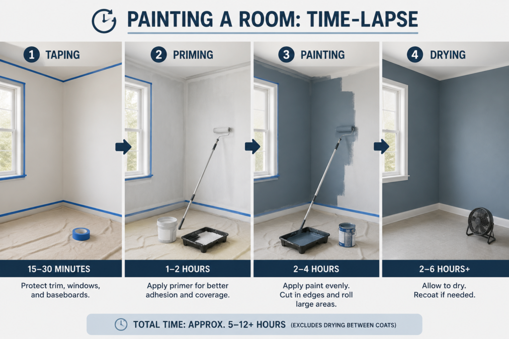 how long does it take to paint a room - stages of a room painting project illustrated