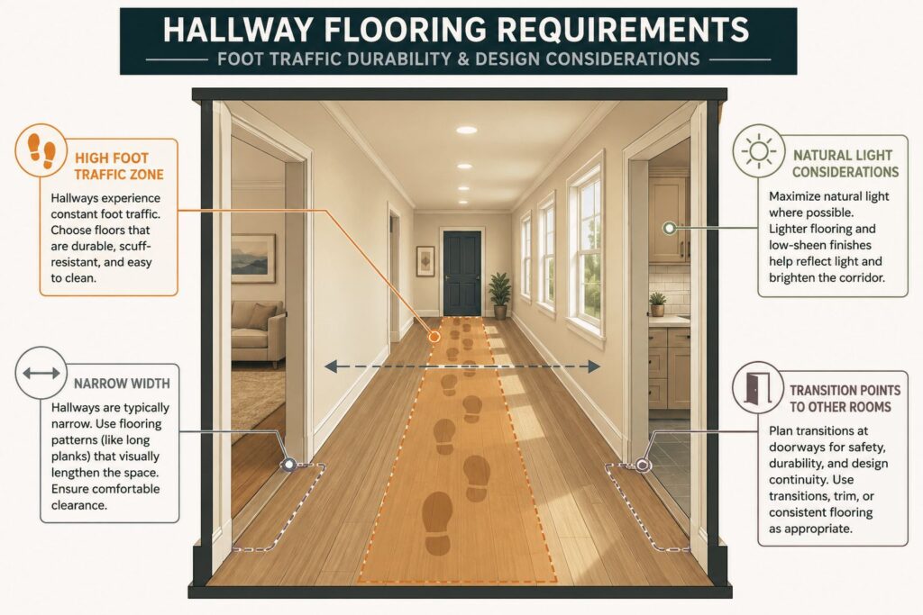 hallway flooring requirements - foot traffic durability and design considerations infographic