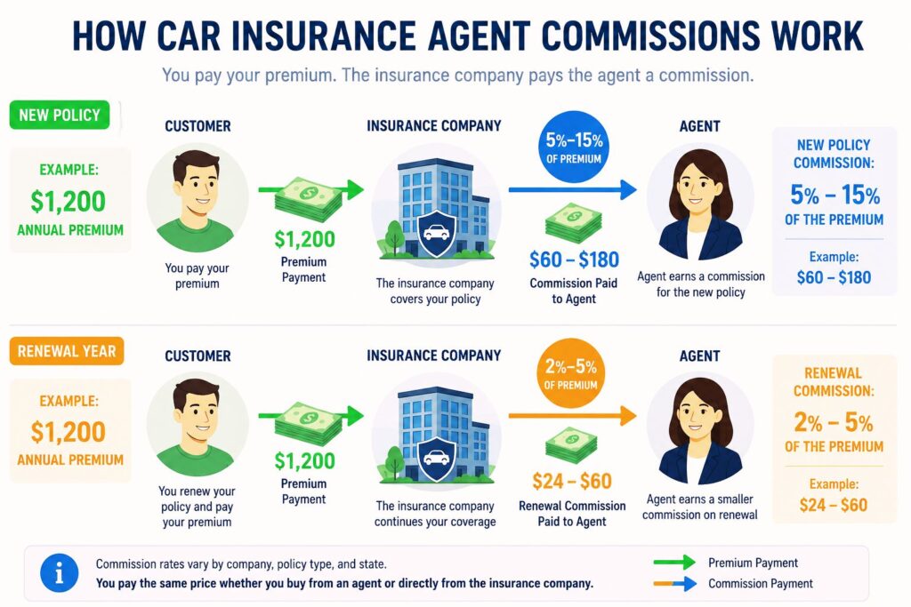 How car insurance commission works — flow diagram showing new policy and renewal commissions paid to agent