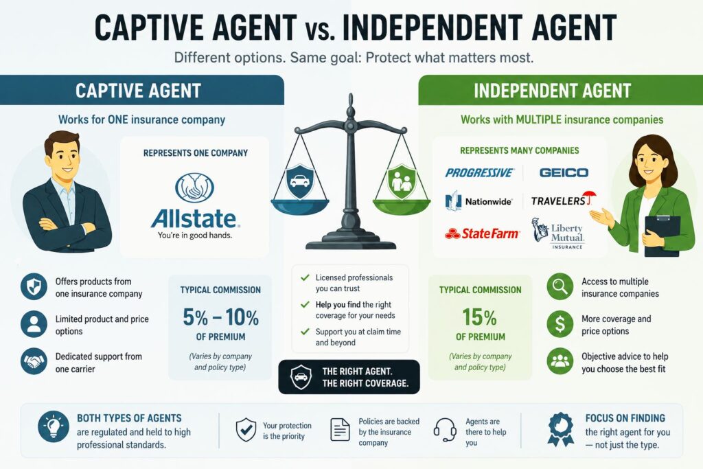 A colorful 4-box grid graphic showing four types of insurance agent compensation — new policy commission, renewal commission, contingent/profit-sharing bonus, and base salary plus commission — each with an icon and short label