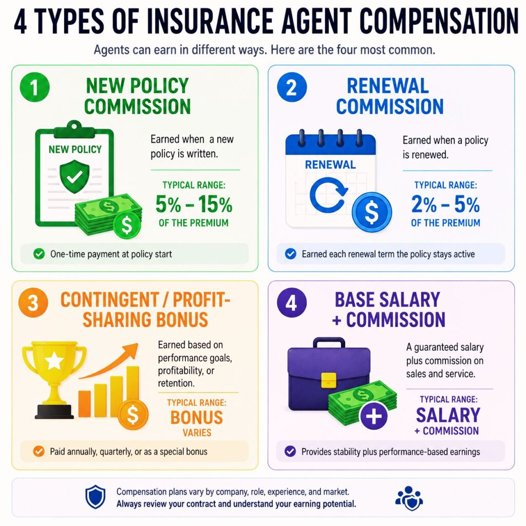 Four types of car insurance agent compensation structures — commission salary bonus and renewal