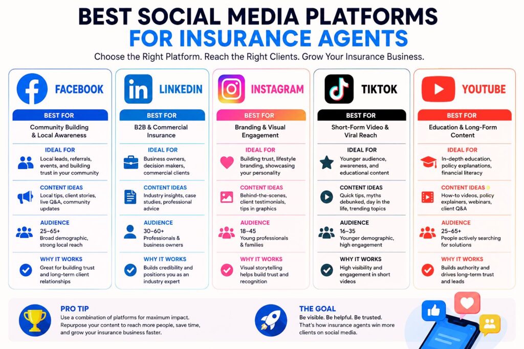 Best social media platforms for insurance agents comparison chart showing Facebook LinkedIn Instagram TikTok YouTube