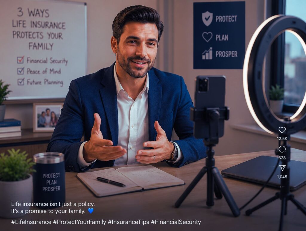 Insurance agent recording short-form social media video for Instagram Reels or TikTok lead generation strategy