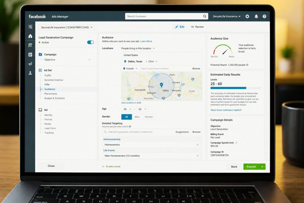 Facebook Ads Manager showing insurance agent lead generation campaign with demographic targeting option