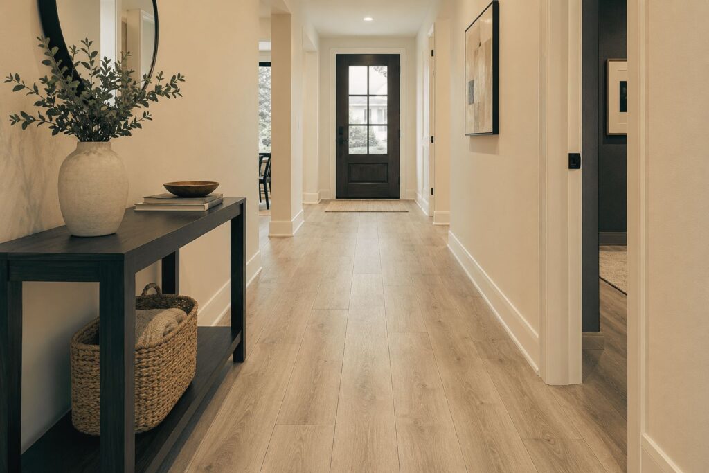 luxury vinyl plank hallway flooring ideas - LVP wood look flooring in modern entryway