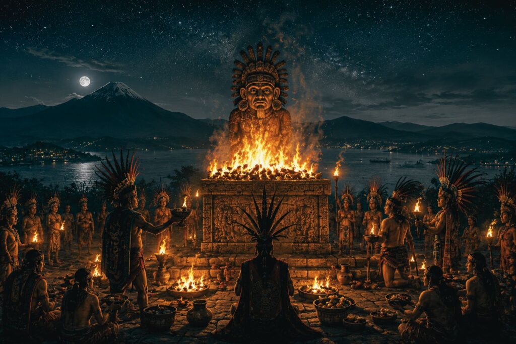 Ancient Purépecha fire ritual ceremony honoring Huehueteotl the Old God of Fire representing the pre-Hispanic origins of Danza de los Viejitos