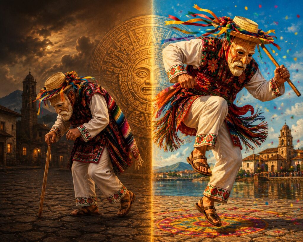 Symbolic duality of Danza de los Viejitos showing elderly humility transforming into youthful energy representing the cycle of life