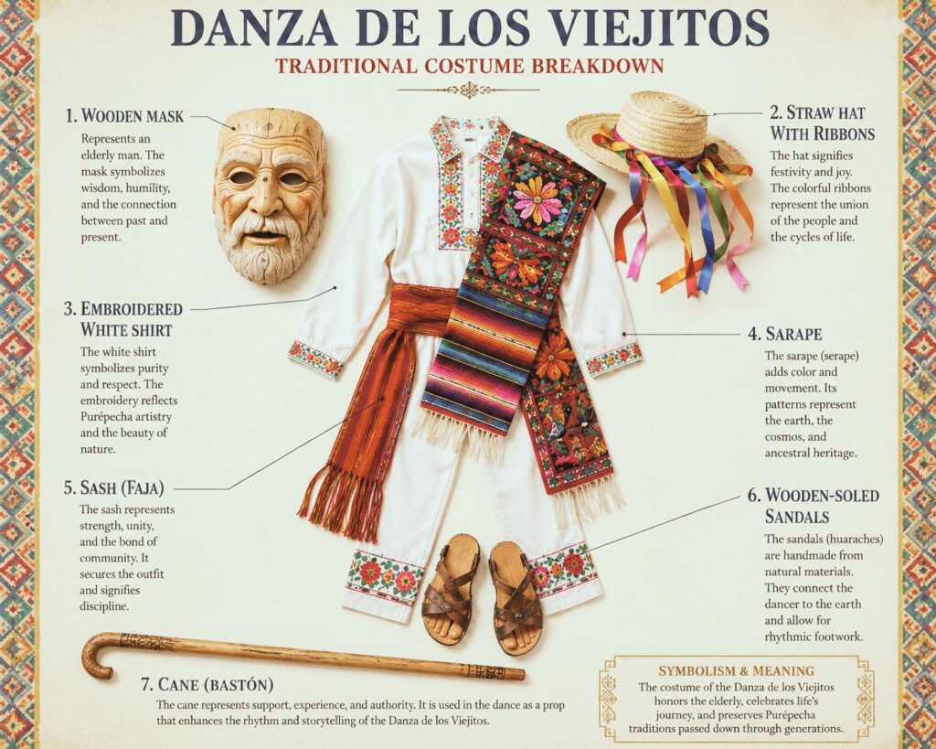Detailed breakdown of Danza de los Viejitos traditional costume showing symbolic elements including mask hat sarape sandals and cane