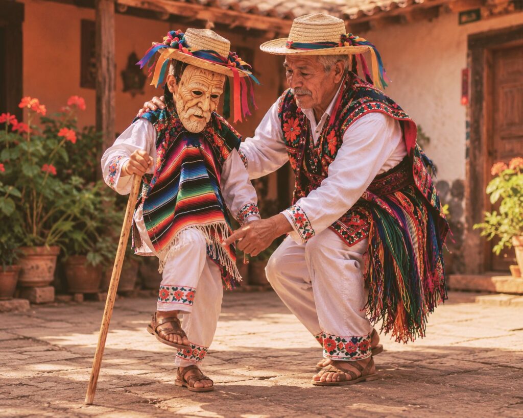 Young child learning Danza de los Viejitos from elder grandfather representing intergenerational cultural transmission in Purépecha community