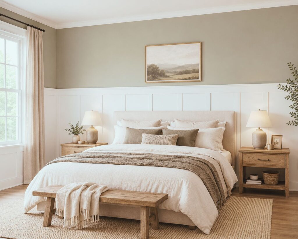 white shaker panel wainscoting in a bedroom with sage green wall paint above the railwhite shaker panel wainscoting in a bedroom with sage green wall paint above the rail