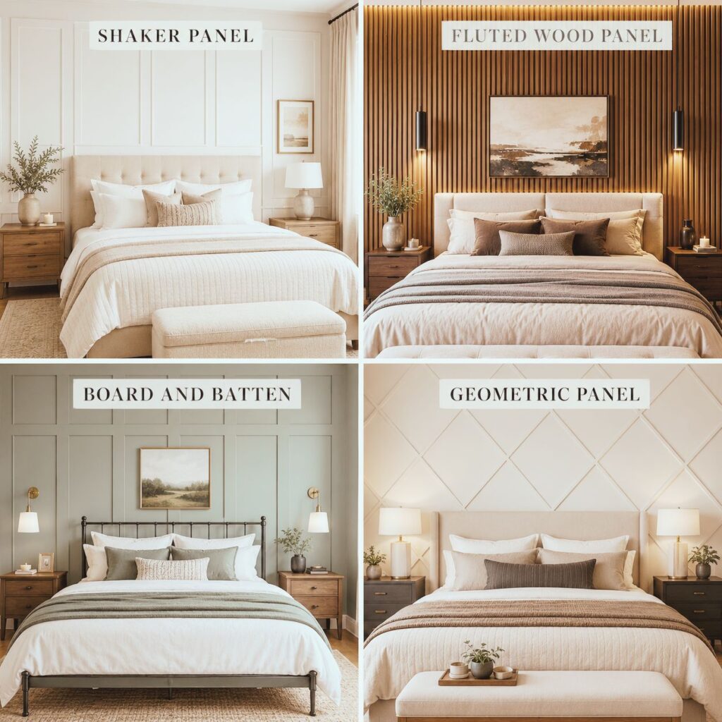 types of bedroom panelling styles including shaker fluted board and batten and geometric panels