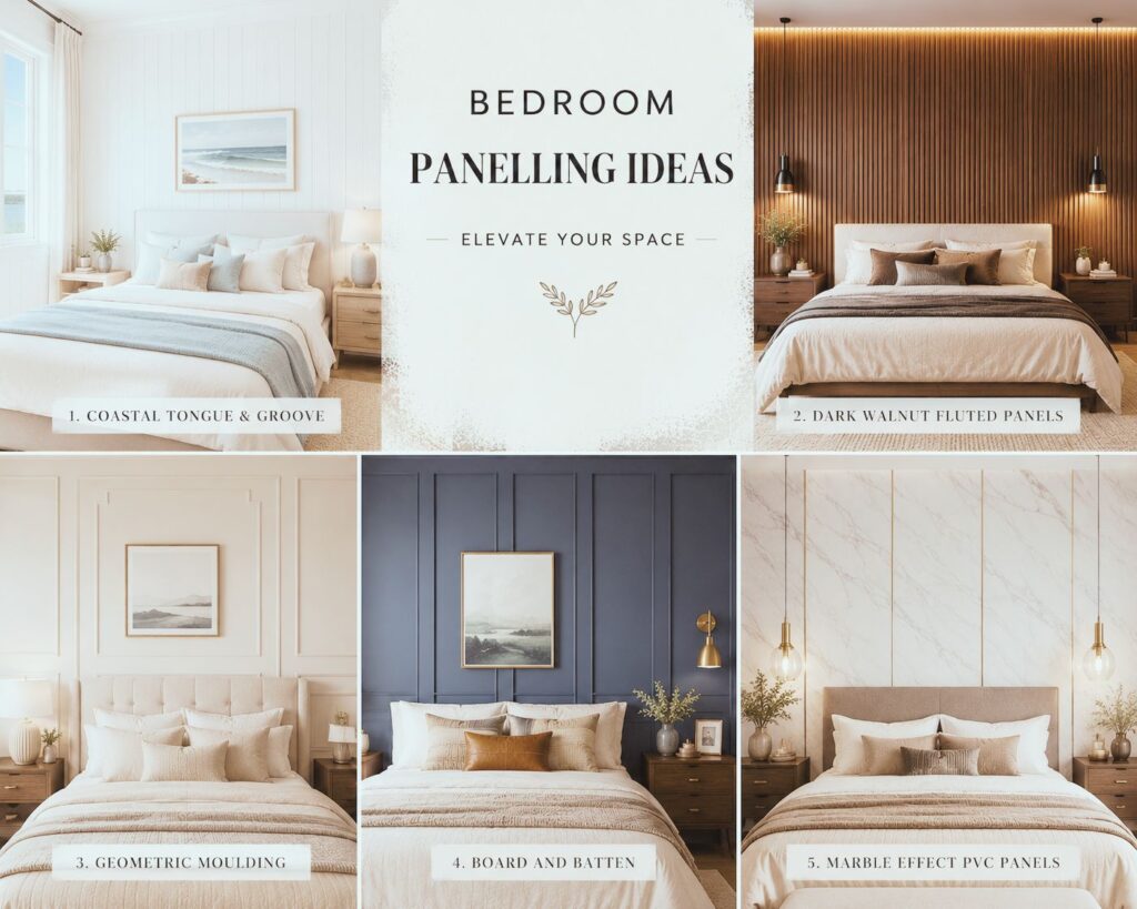 bedroom panelling ideas mood board with five different wall panelling styles for inspiration