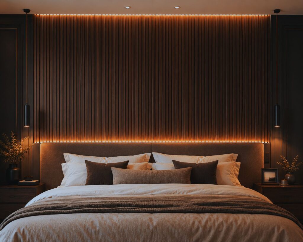 panelling behind bed with dark fluted wood panels and LED lighting in luxury bedroom