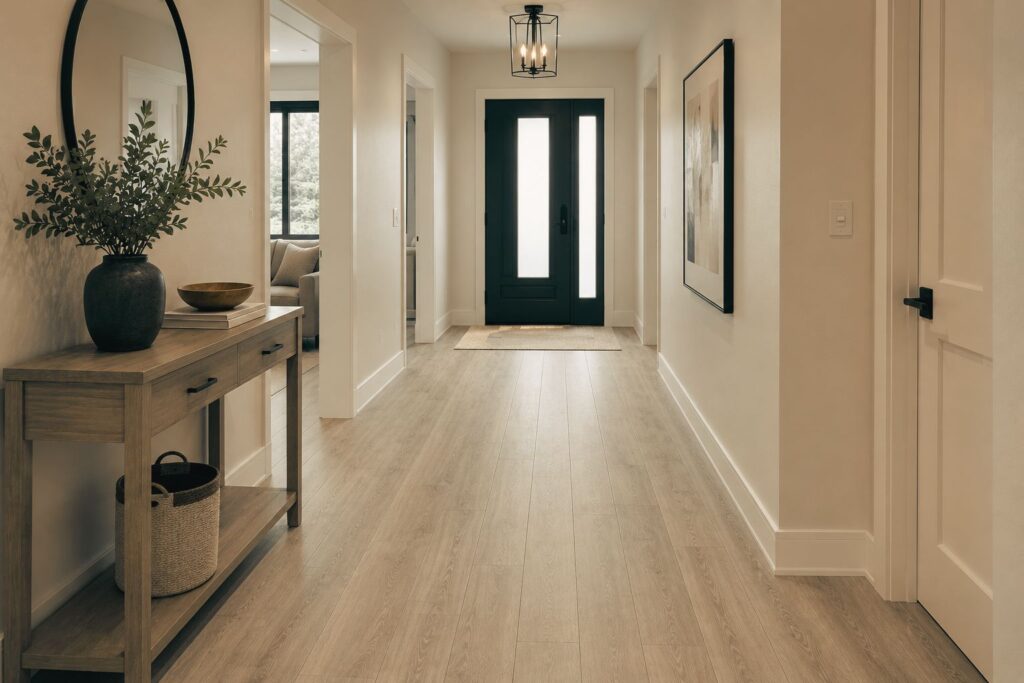 luxury vinyl plank hallway flooring ideas - LVP wood look flooring in modern entryway