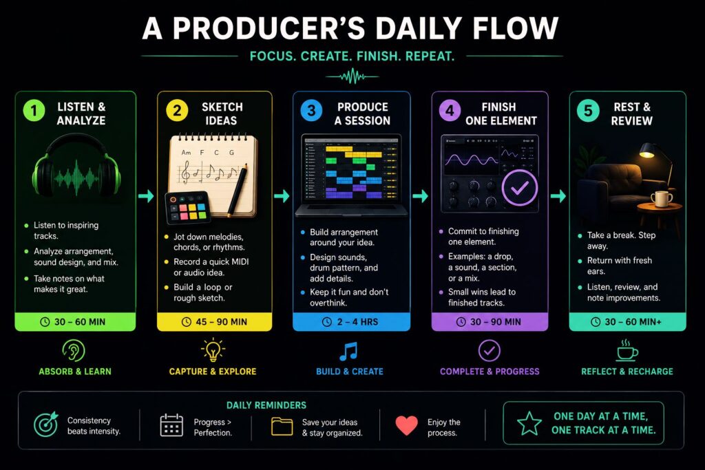 electronic music producer daily creative workflow routine for consistent output