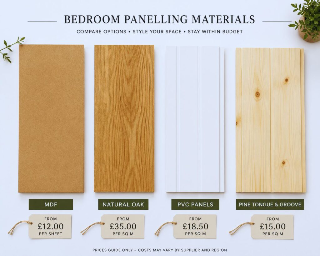 bedroom panelling materials comparison including MDF wood PVC and pine with cost guide
