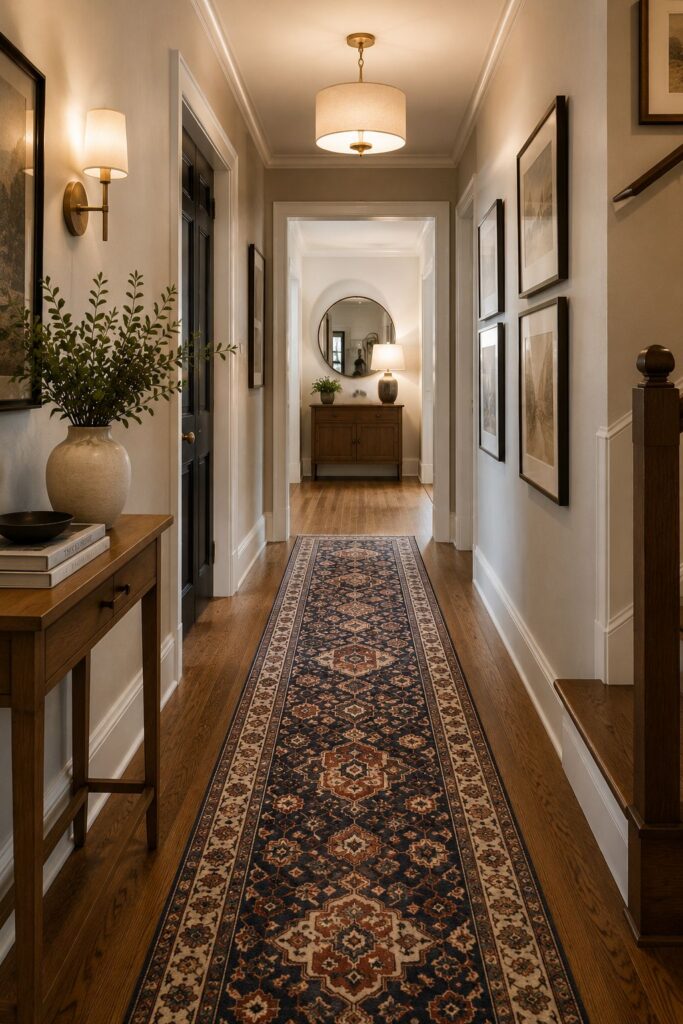 hallway carpet runner ideas - patterned runner rug over hardwood flooring in home corridor