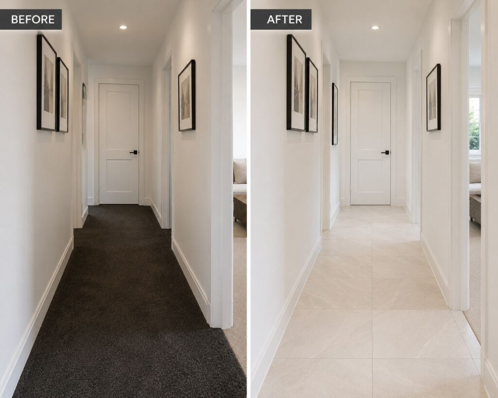 hallway flooring design tips - before and after narrow hallway flooring transformation