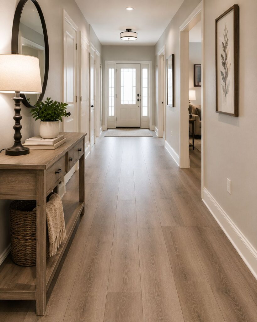 laminate hallway flooring ideas - budget wood-look laminate flooring in family home corridor