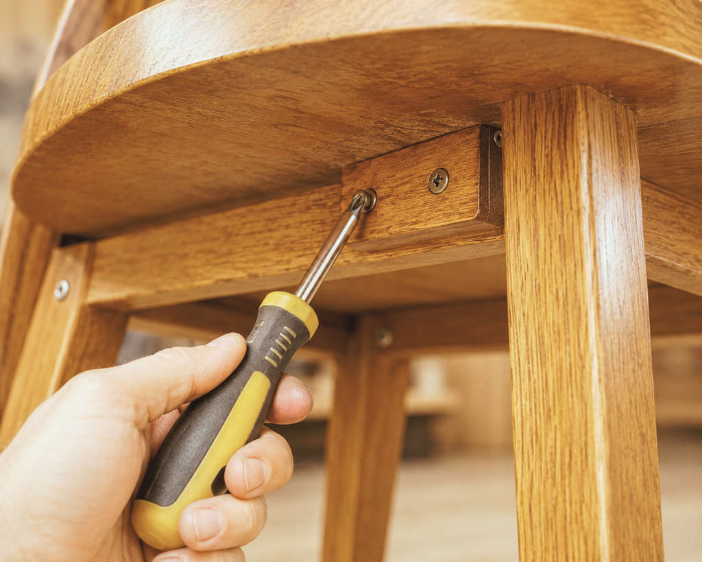 Tightening loose screws on a wobbly wooden chair — DIY furniture repair