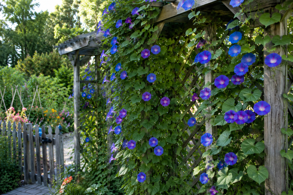 morning glory care - vines climbing wooden garden trellis covered in blue purple blooms