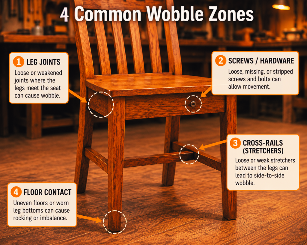 Diagram showing common causes of a wobbly chair including loose joints and worn hardware