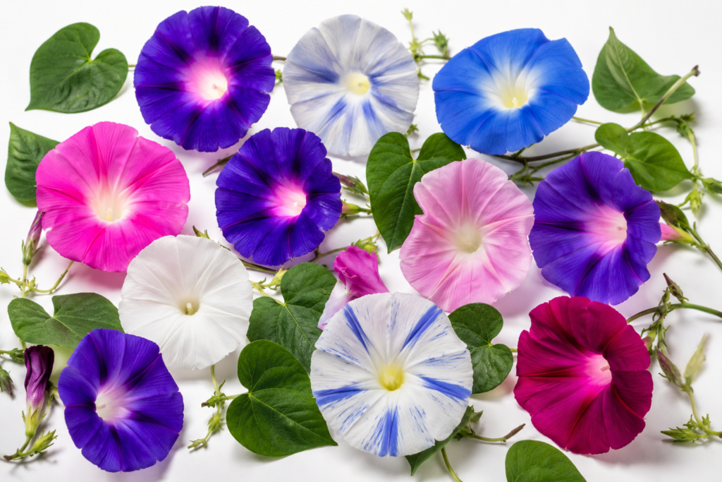 morning glories varieties - purple blue pink and white morning glory flowers botanical display