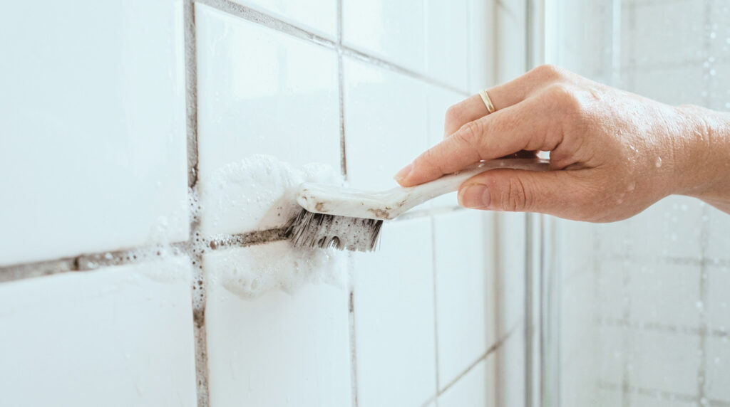 scrubbing shower tile grout lines with a grout brush and baking soda paste