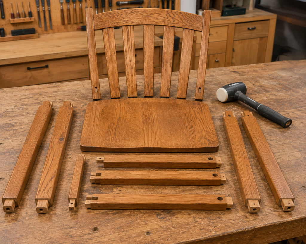 Disassembled wooden chair laid out for full joint re-gluing repair