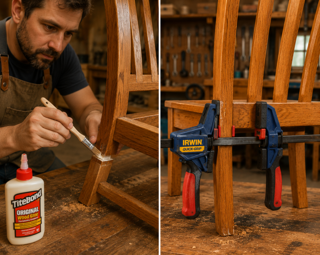 Re-gluing a loose wooden chair joint and clamping it for repair